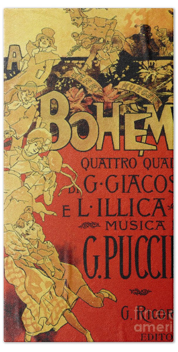 Puccini Bath Towel featuring the drawing Vintage Poster by Adolfo Hohenstein for opera La Boheme by Giacomo Puccini by Adolfo Hohenstein
