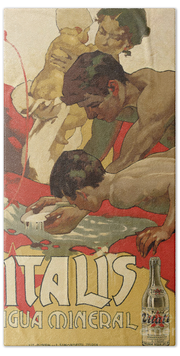 Vitalis Bath Towel featuring the painting Vintage poster for the mineral water Vitalis, 1895 by Adolfo Hohenstein