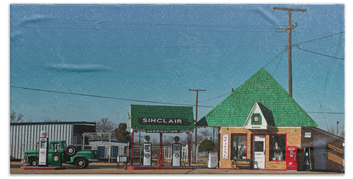 Sinclair Hand Towel featuring the photograph Vintage Sinclair Gas Station by Mountain Dreams