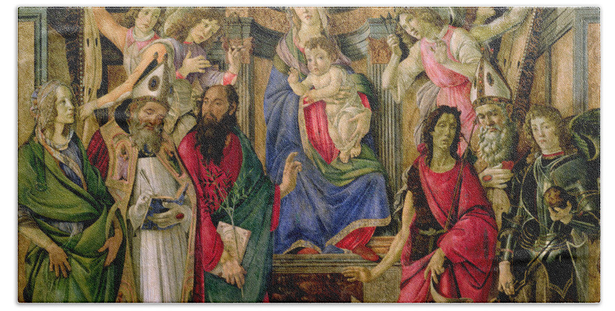 Botticelli Bath Towel featuring the painting Virgin and Child with Saints from the Altarpiece of San Barnabas, by Sandro Botticelli
