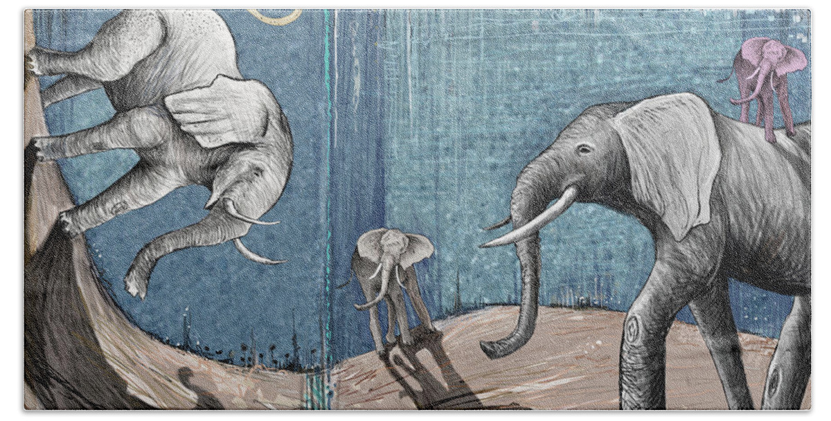 Elephants Bath Towel featuring the painting Void Solutions by Yom Tov Blumenthal