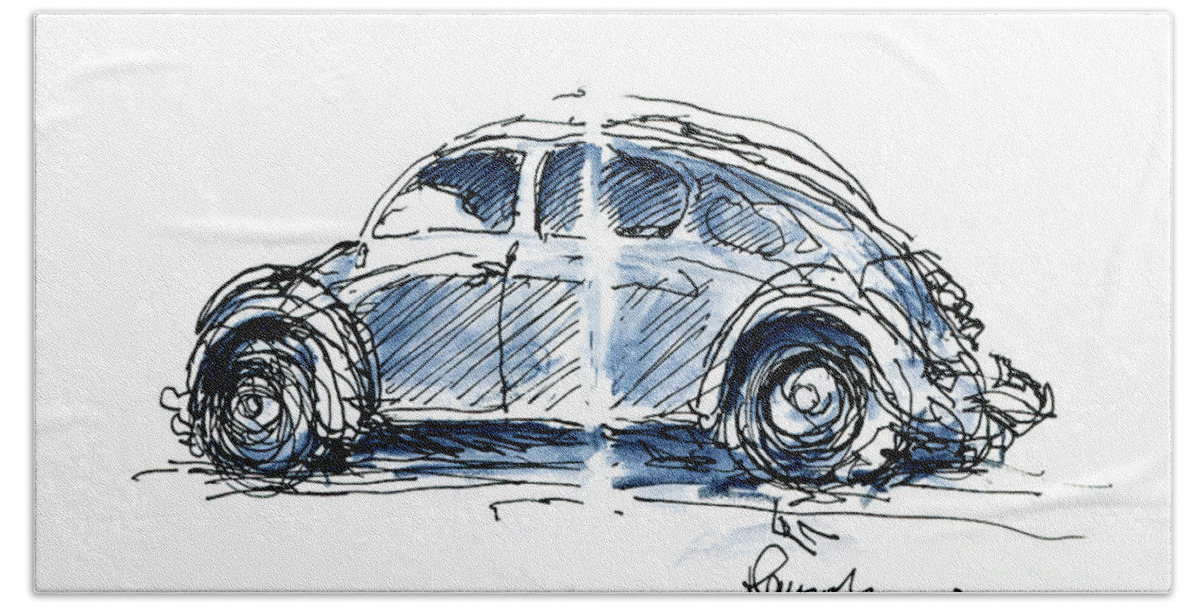 Classic Bath Sheet featuring the drawing VW Beetle Classic Car Ink Drawing and Watercolor by Frank Ramspott