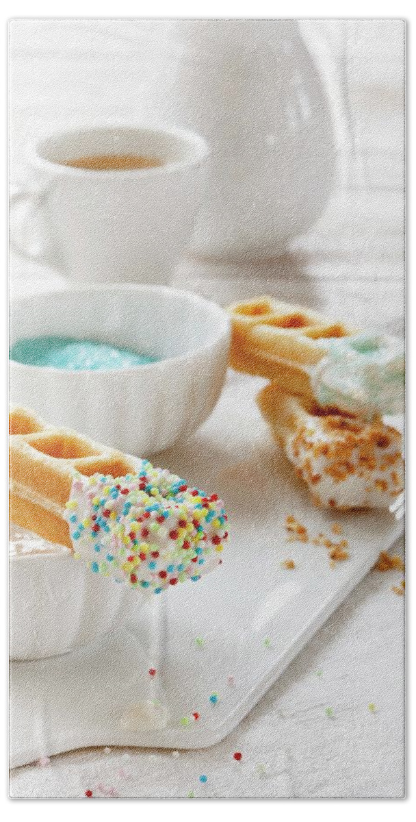 Ip_11511943 Hand Towel featuring the photograph Waffle Sticks With White Chocolate And Sugar Sprinkles by Birgit Twellmann