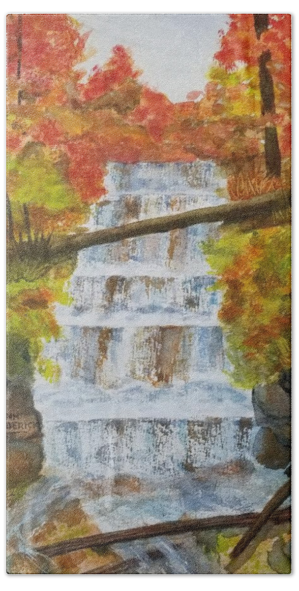 Waterfalls Bath Towel featuring the painting Wagner Falls by Ann Frederick