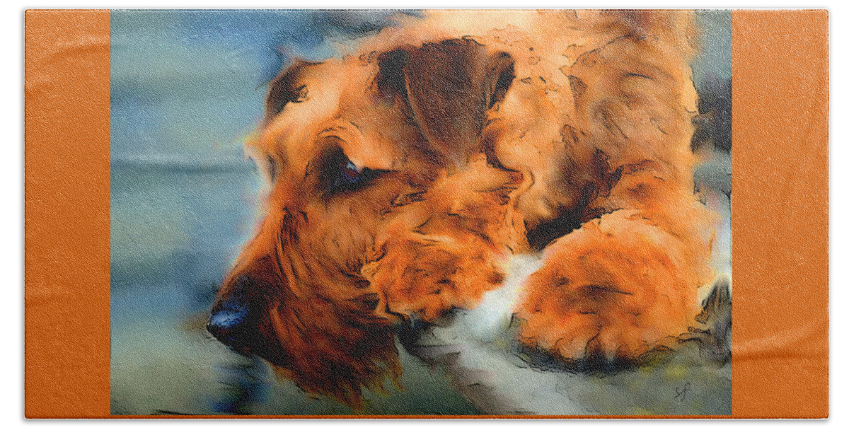 Red Dog Bath Towel featuring the mixed media Waiting for the Master, Red Dog Portrait by Shelli Fitzpatrick