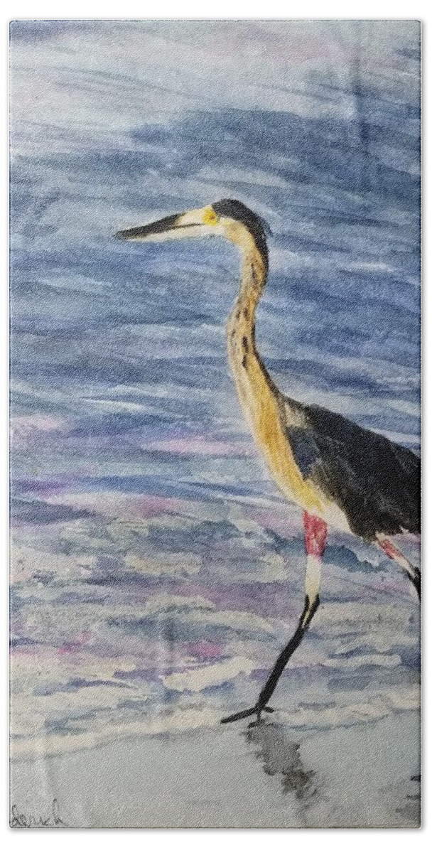 Herons Bath Towel featuring the painting Walk on the beach by Ann Frederick