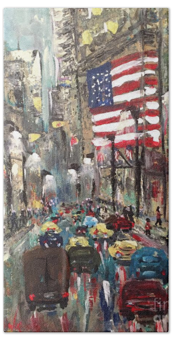 Wall Street New York American Flag Cars Traffic People Lights Buildings Manhattan Money Finance Print Acrylic Painting Blue Red Evening Stores Hand Towel featuring the painting wall street NY by Miroslaw Chelchowski