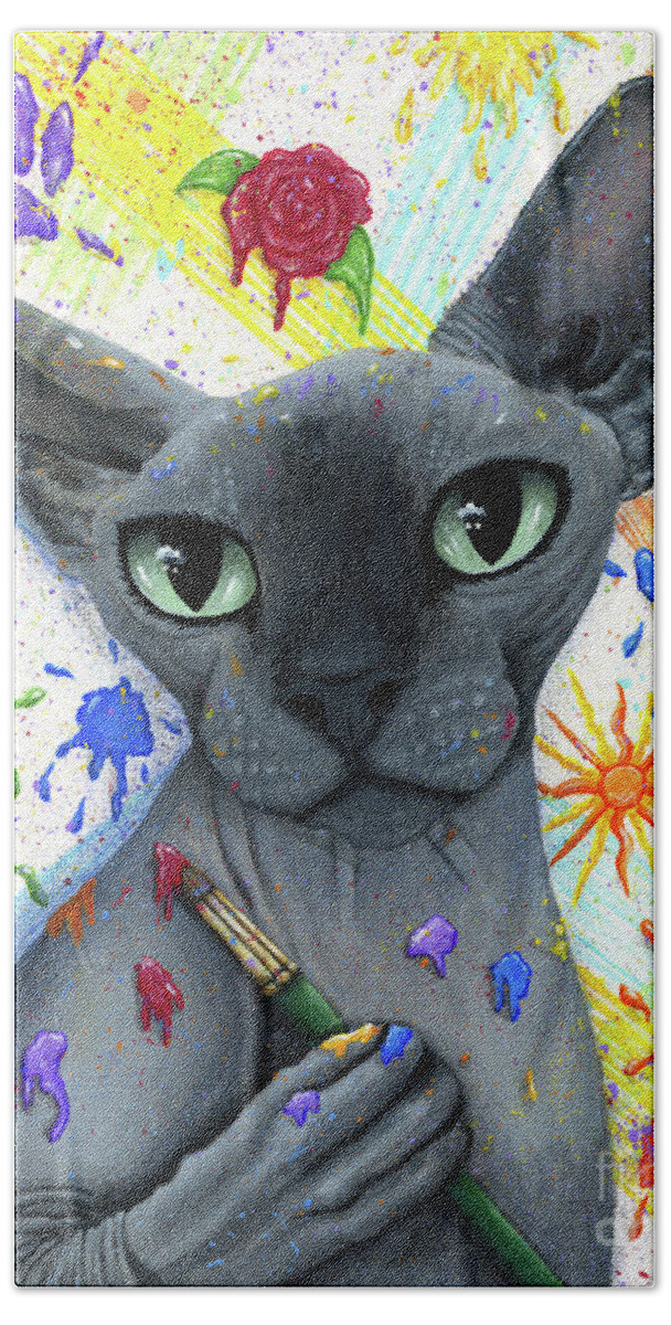 Sphynx Cat Hand Towel featuring the painting Walter The Artist - Sphynx Cat by Carrie Hawks