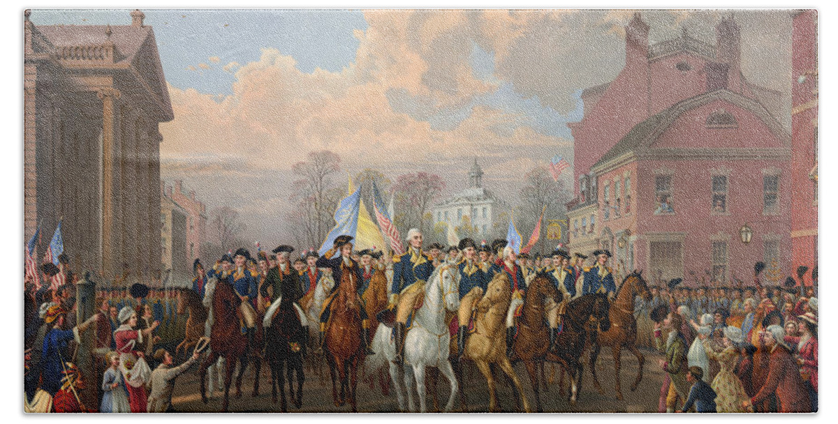 1783 Hand Towel featuring the painting Washington Entering New York City 1783 by Granger