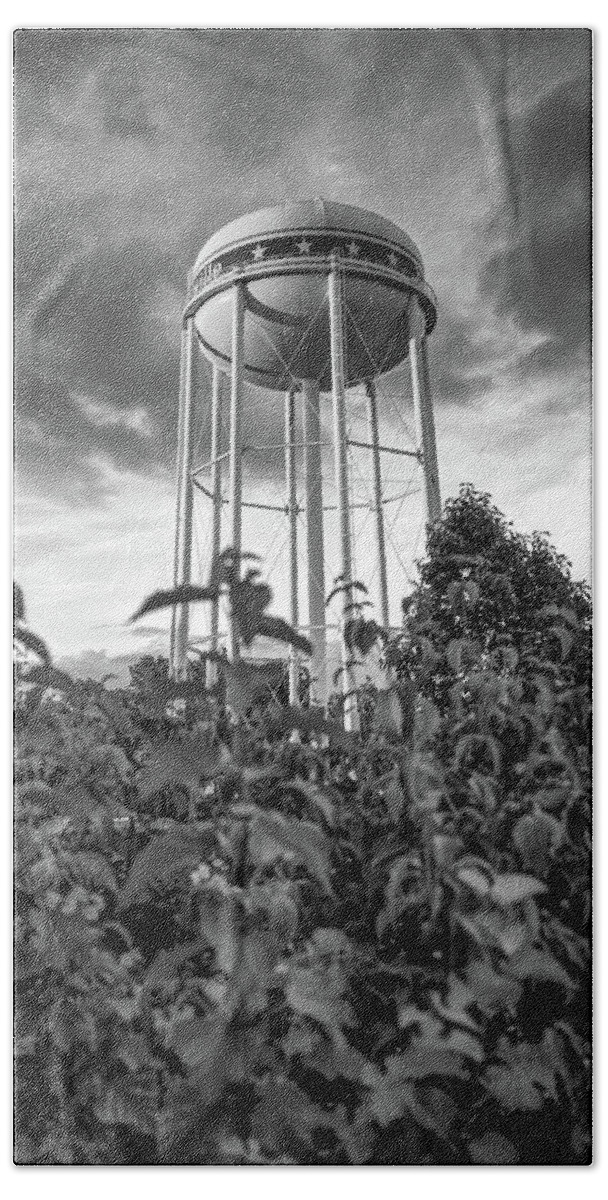 America Bath Towel featuring the photograph Water Tower of Bentonville Arkansas - Monochrome Edition by Gregory Ballos