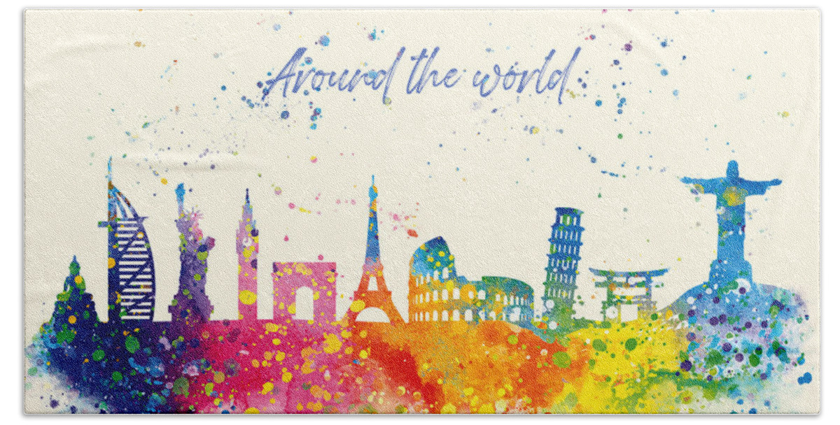 Watercolor Bath Towel featuring the painting Watercolor Around the world by Vart Studio