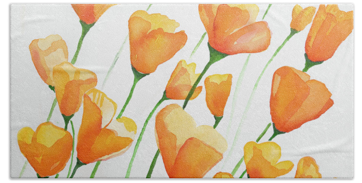 Poppy Hand Towel featuring the painting Watercolor - California Poppies by Cascade Colors