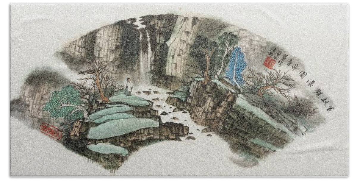 Chinese Watercolor Bath Towel featuring the painting Waterfall Hike by Jenny Sanders