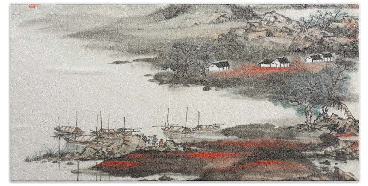 Chinese Watercolor Bath Towel featuring the painting Fisherman Bound for Home After a Successful Day on the Qiuji River by Jenny Sanders