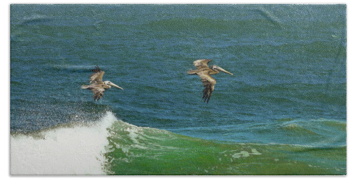 Pelicans Bath Towel featuring the photograph Wave Runners by Scott Cameron