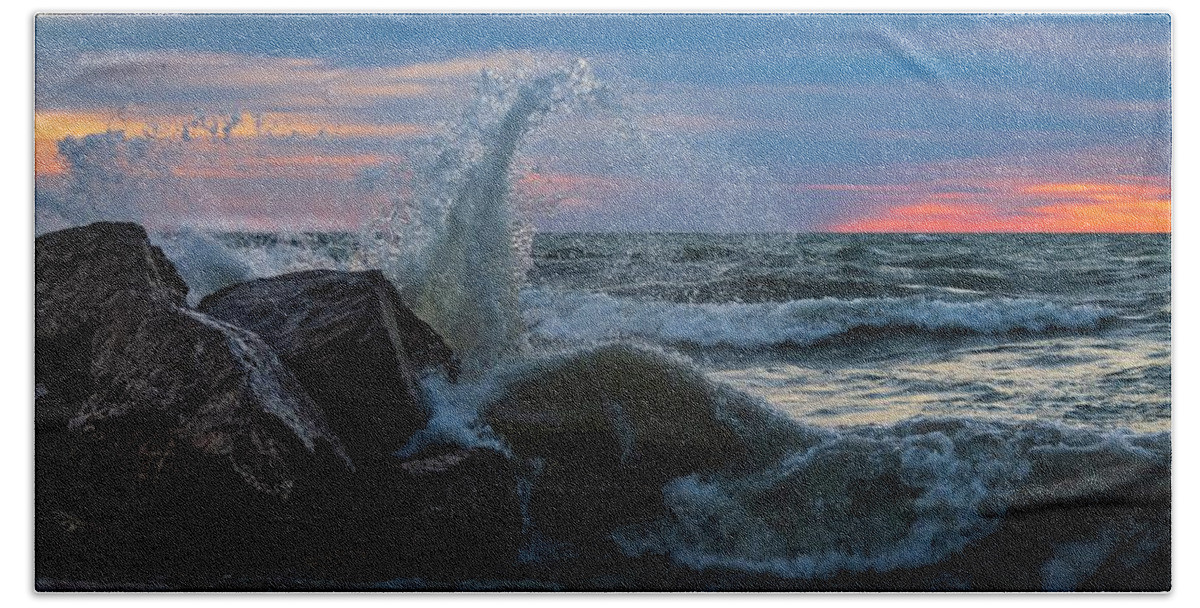 Lake Bath Towel featuring the photograph Wave vs Rock by Terri Hart-Ellis