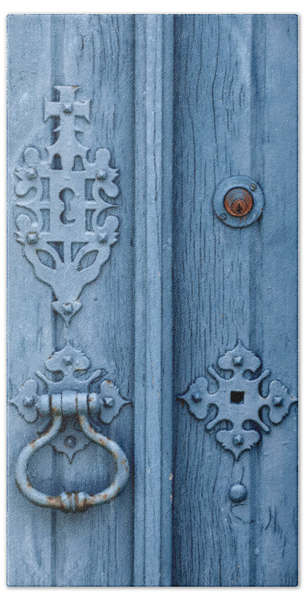 Templar Hand Towel featuring the photograph Weathered Blue Door Lock by David Letts