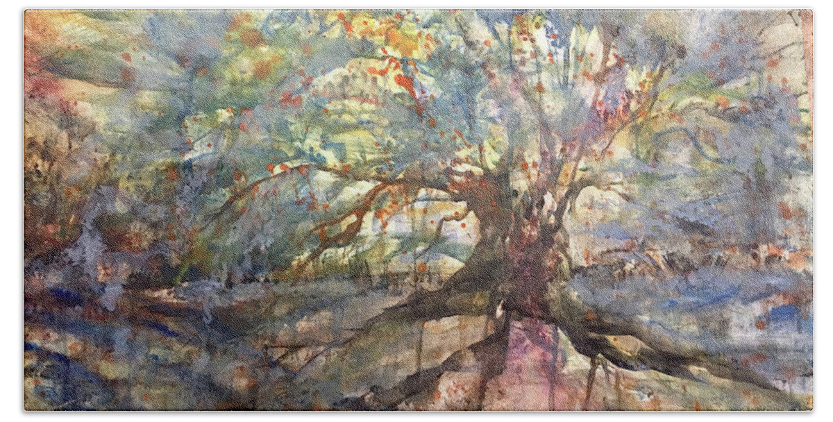 Impressionistic Floral Landscape Louisiana Watercolor Abstract Impressionism Water Bayou Lake Verret Blue Set Design Iris Abstract Painting Abstract Landscape Purple Trees Fishing Painting Bayou Scene Cypress Trees Swamp Bloom Elegant Flower Watercolor Coastal Bird Water Bird Interior Design Imaginative Landscape Oak Tree Louisiana Abstract Impressionism Set Design Fort Worth Texas Thefoyerbr Shoplocal Shopbr Shopbatonrouge Geauxlocal Gobr Brproud 225batonrouge Decoratebatonrouge Batonrougehomes Bath Towel featuring the painting Weeping Oak by Francelle Theriot