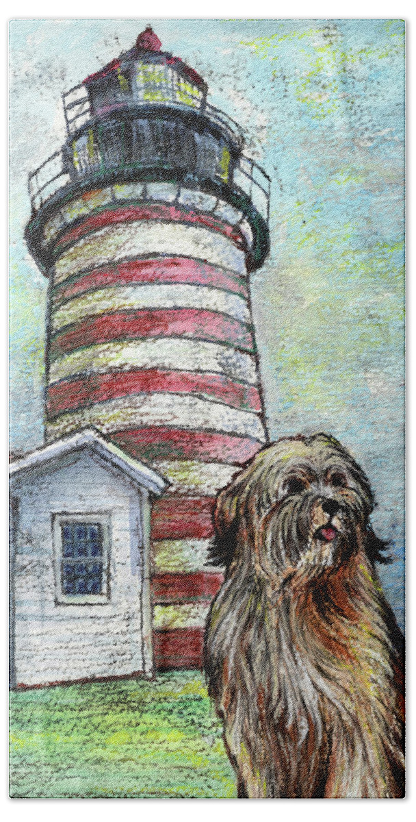 West Quoddy Head Hand Towel featuring the mixed media West Quoddy Head by AnneMarie Welsh