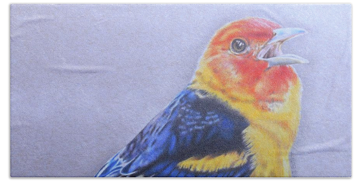 Western Tanager Bath Towel featuring the drawing Western Tanager - Male by Karrie J Butler