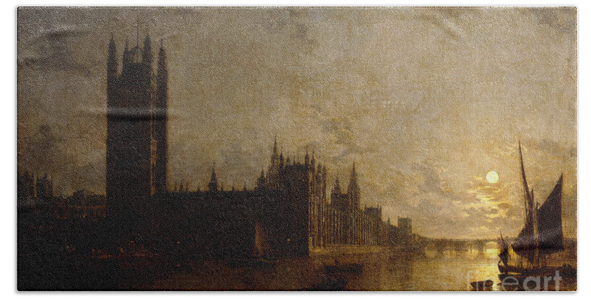 Boat Hand Towel featuring the painting Westminster Abbey, The Houses Of Parliament With The Construction Of Westminster Bridge, 1859 by Henry Pether