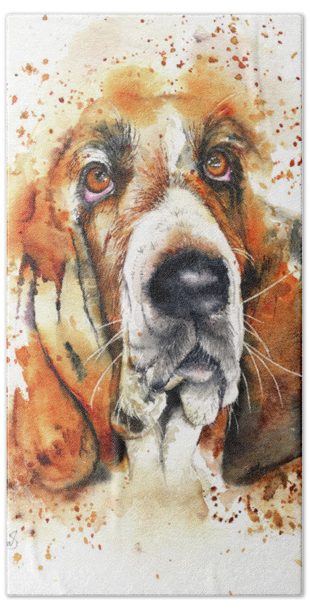 Basset Hound Hand Towel featuring the painting Wet Basset by Peter Williams