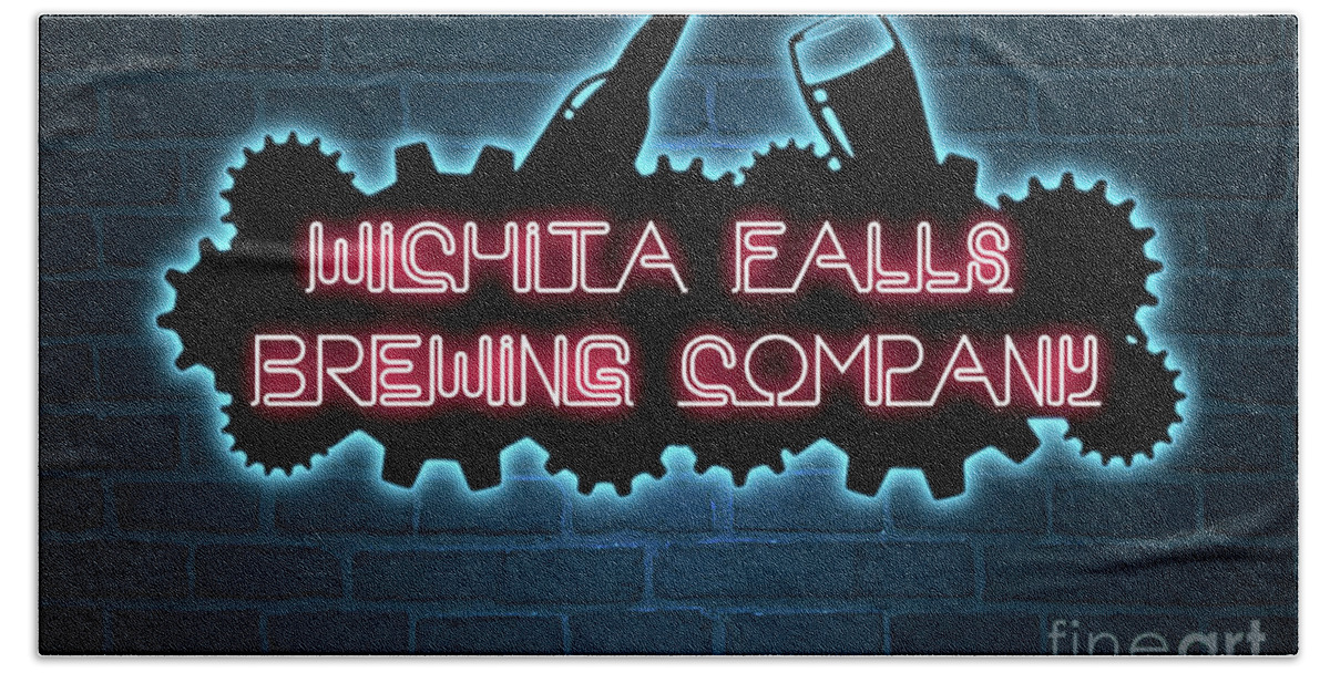 Wichita Falls Brewing Company Bath Towel featuring the mixed media WFBC blue neon by SORROW Gallery