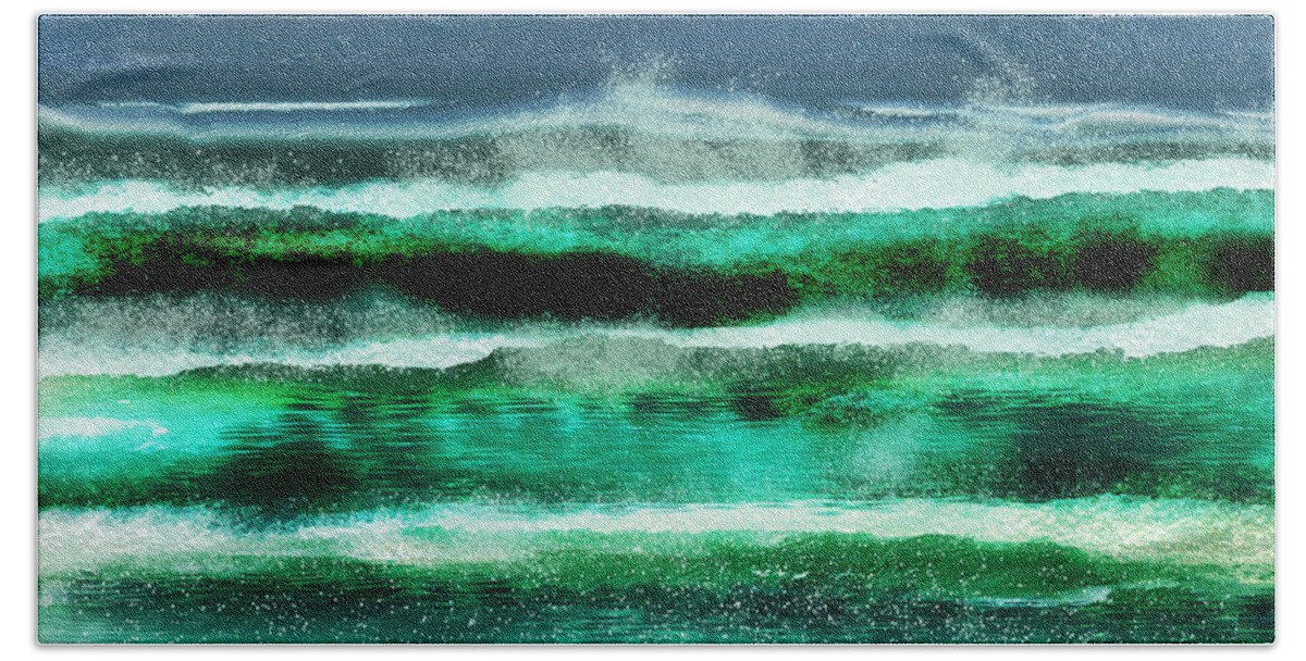 Waves Hand Towel featuring the digital art ''What a day, to rip the waves '' by Julie Grimshaw