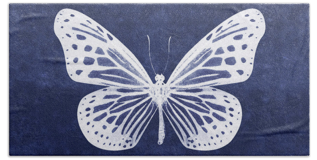 Butterfly Hand Towel featuring the mixed media White and Indigo Butterfly- Art by Linda Woods by Linda Woods