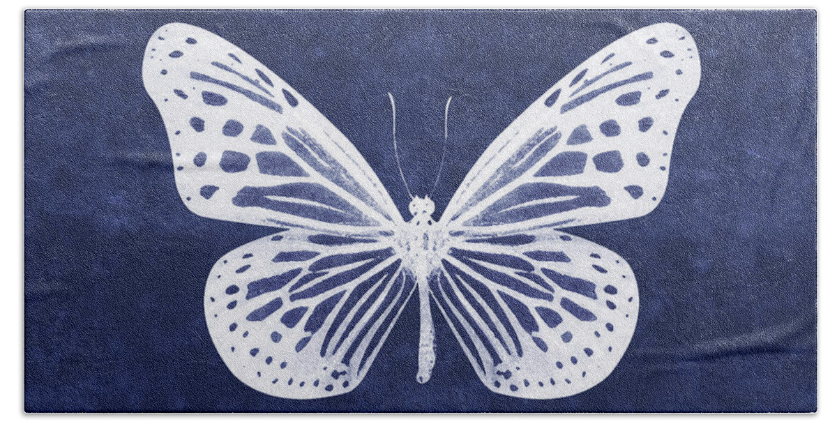Butterfly Bath Sheet featuring the mixed media White and Indigo Butterfly- Art by Linda Woods by Linda Woods