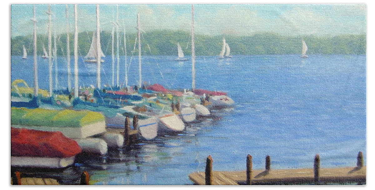 Painting Hand Towel featuring the painting White Bear Lake Docking by Rick Hansen