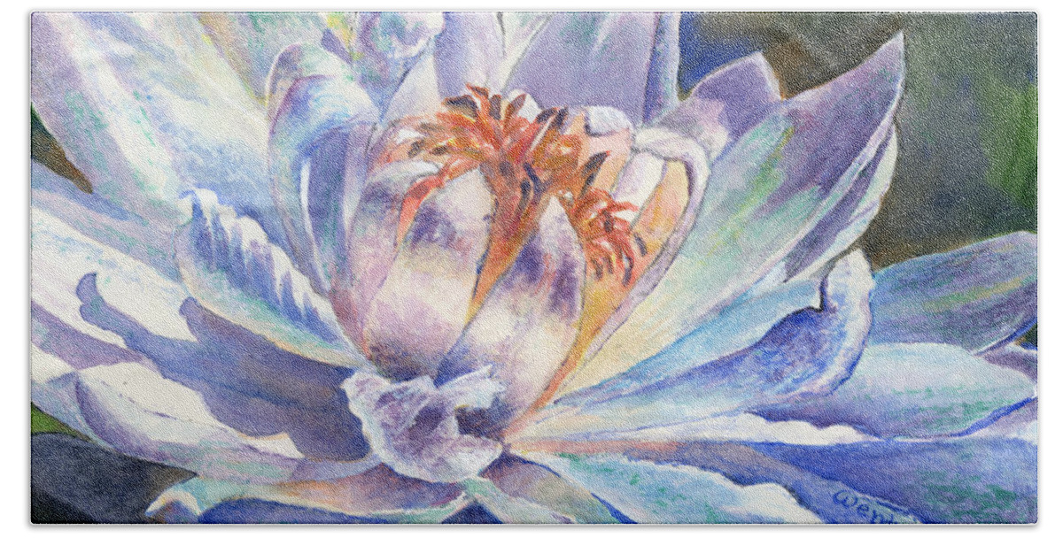 Waterlily Bath Towel featuring the painting White Bright Waterlily by Wendy Keeney-Kennicutt