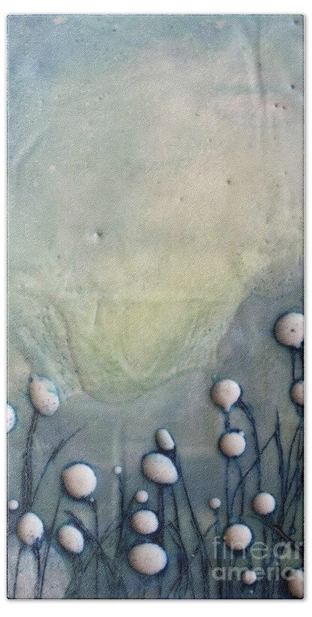 Encaustic Bath Towel featuring the painting White Bulbs by Christine Chin-Fook