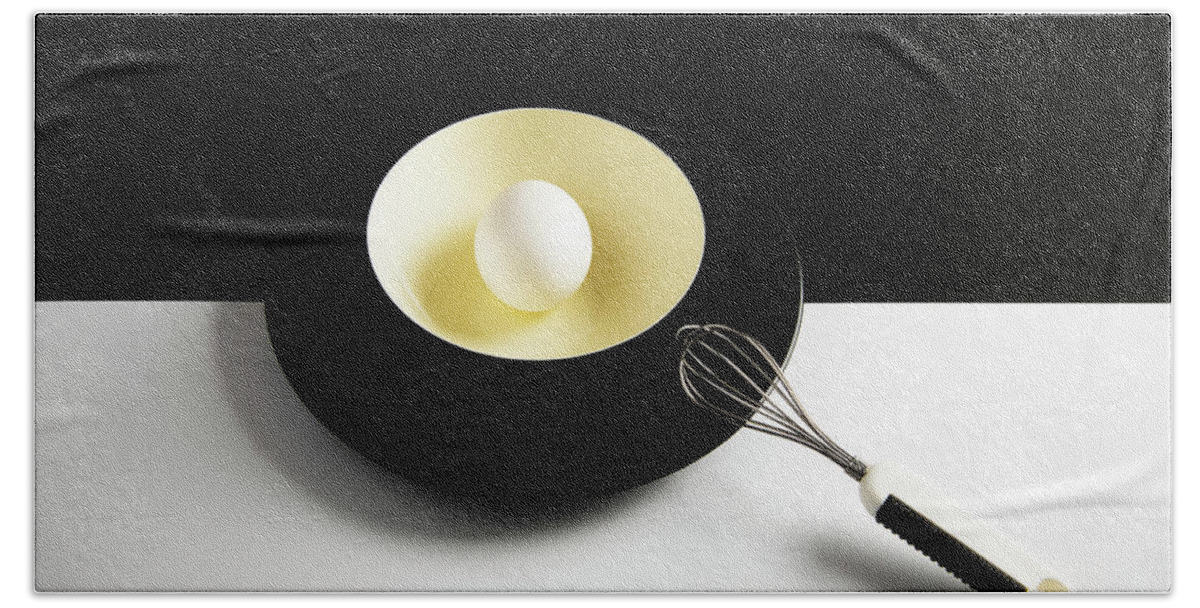 Egg Bath Towel featuring the photograph White egg on a yellow bowl. by Michalakis Ppalis