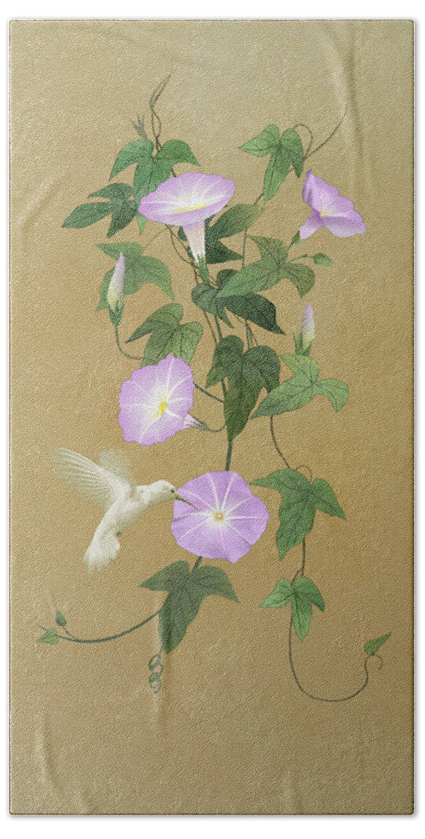 Bird Bath Towel featuring the digital art White Hummingbird and Morning Glory Vine by M Spadecaller