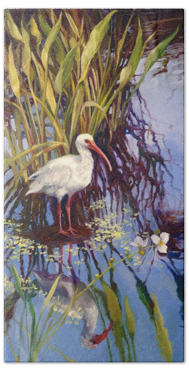Spoon Bill Hand Towel featuring the painting White Ibis left by Laurie Snow Hein