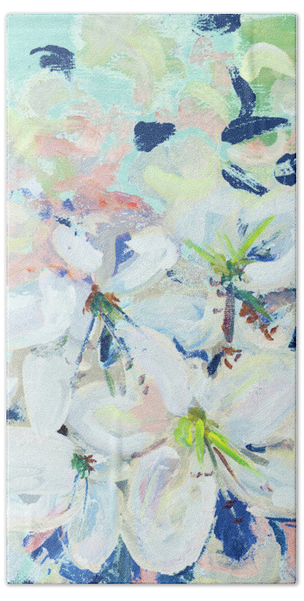 White Hand Towel featuring the painting White Orchids On Blue by Andy Beauchamp