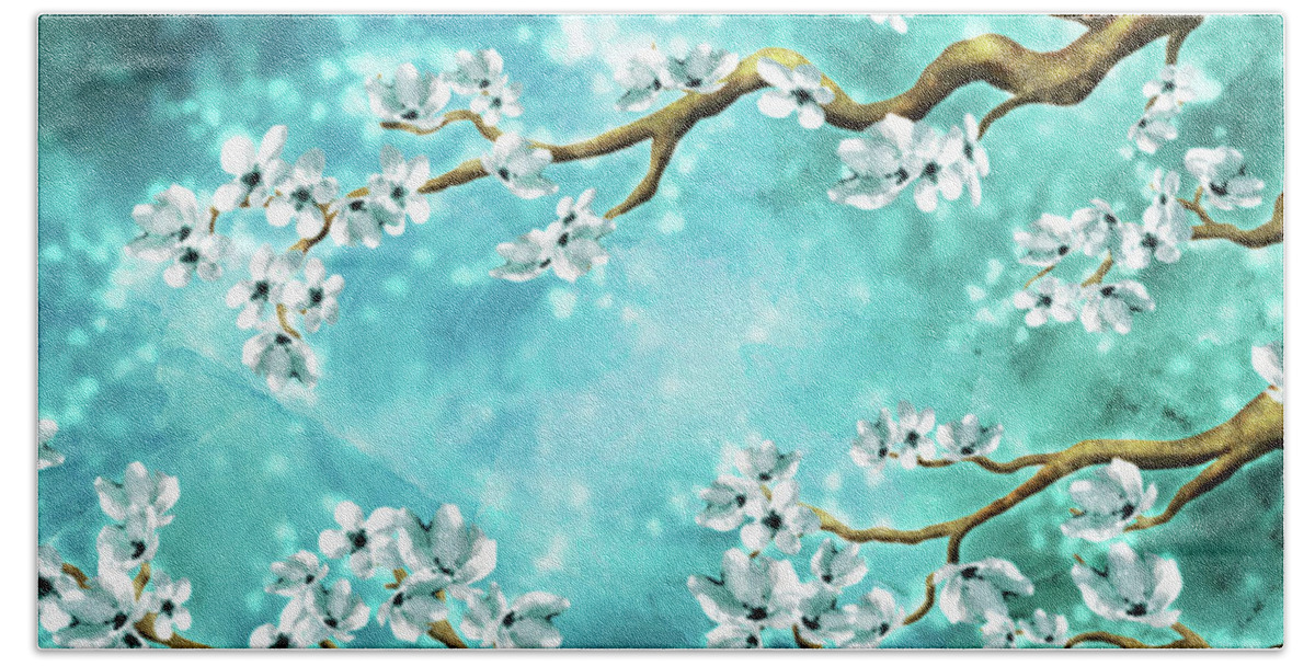 Tranquility Blossoms Bath Towel featuring the digital art Tranquility Blossoms - Winter White and Blue by Laura Ostrowski