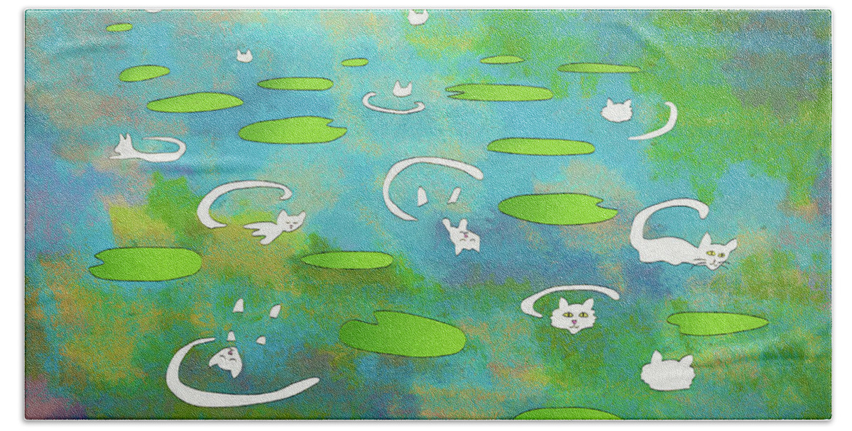 Cat Bath Towel featuring the digital art White Water Lily Cats on Pond by Bonnie Follett