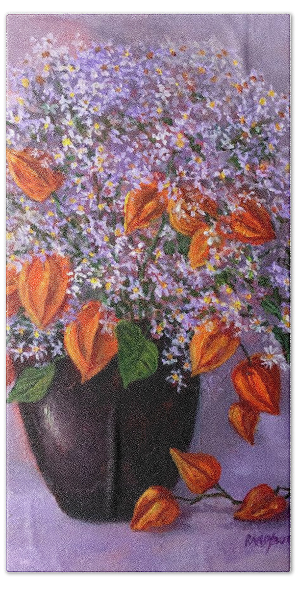 Flowers Bath Towel featuring the painting Wild Asters And Chinese Lanterns by Rand Burns
