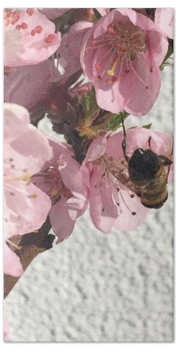 Wild Bath Towel featuring the painting Wild bee on an apple blossom by Patricia Piotrak