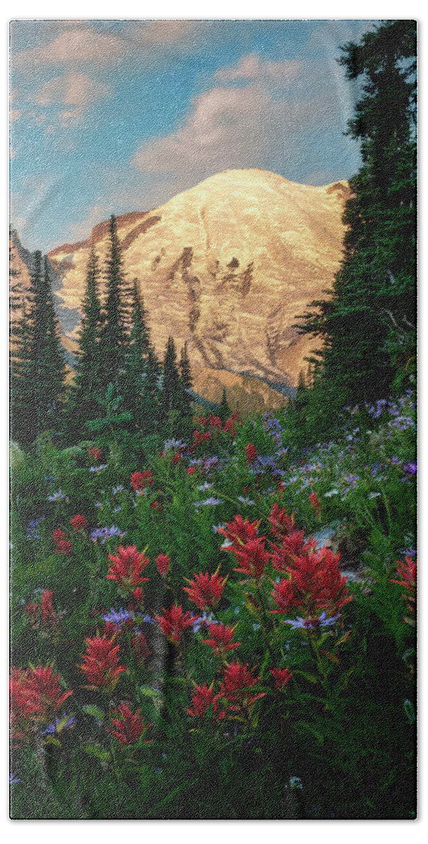 Mount Rainier Bath Towel featuring the photograph Wildflower Morning on Mount Rainier by David Soldano