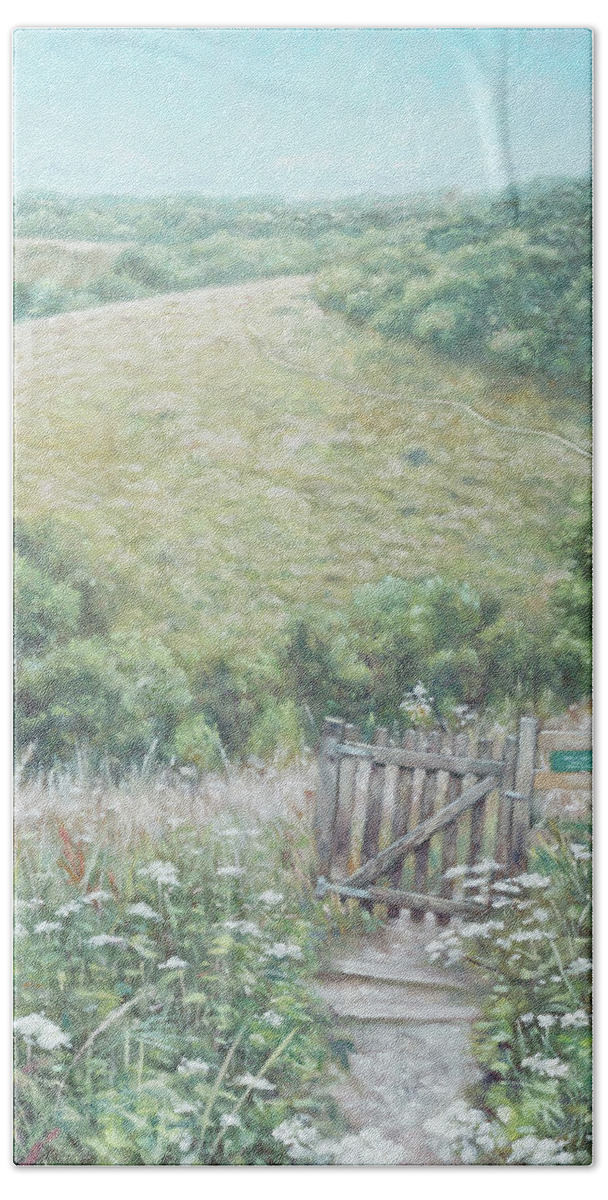 Hill Bath Towel featuring the painting Winchester Hill area in Hampshire during summer by Martin Davey