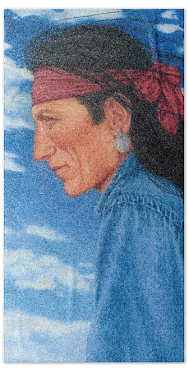 Native American Portrait. American Indian Portrait. Navajo Portrait. Bath Towel featuring the painting Wind in His Hair by Valerie Evans