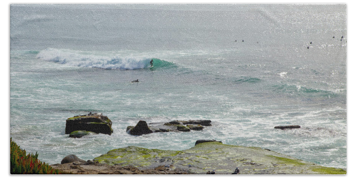 California Beach Hand Towel featuring the photograph Wind n Sea Surfer in Wave by Catherine Walters