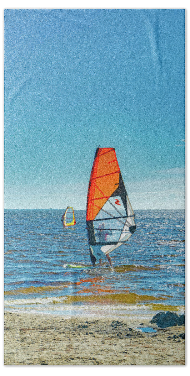 Estock Hand Towel featuring the digital art Wind Sailing, Outer Banks, Nc by Laura Zeid
