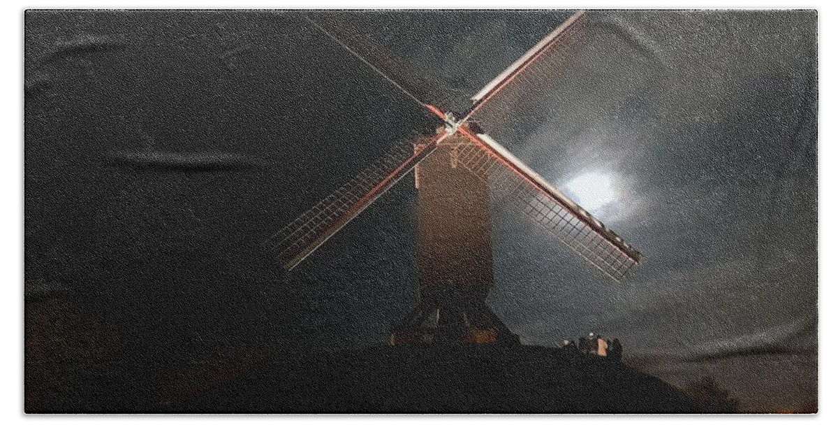 Windmill Hand Towel featuring the photograph The Full Moon and the Windmill by Andrea Whitaker
