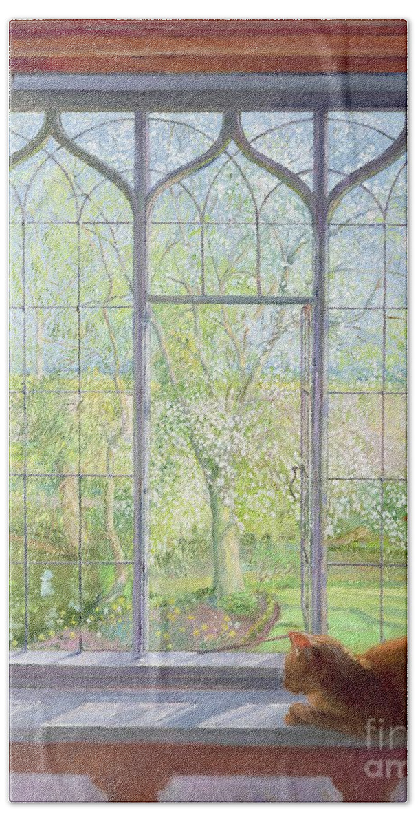 Cat Bath Towel featuring the painting Window In Spring by Timothy Easton