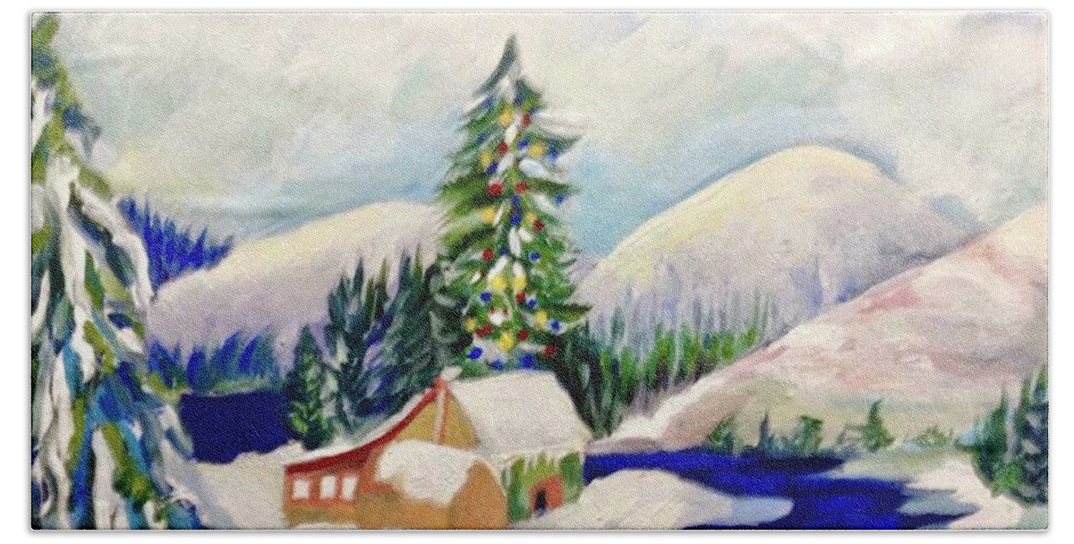 Christmas Tree Bath Towel featuring the painting Winter at the Chalet by Judy Dimentberg