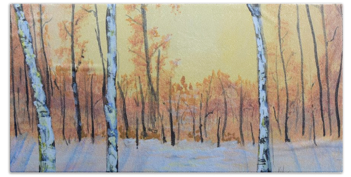 Birch Bath Towel featuring the painting Winter Birches-Cardinal Right by Monika Shepherdson